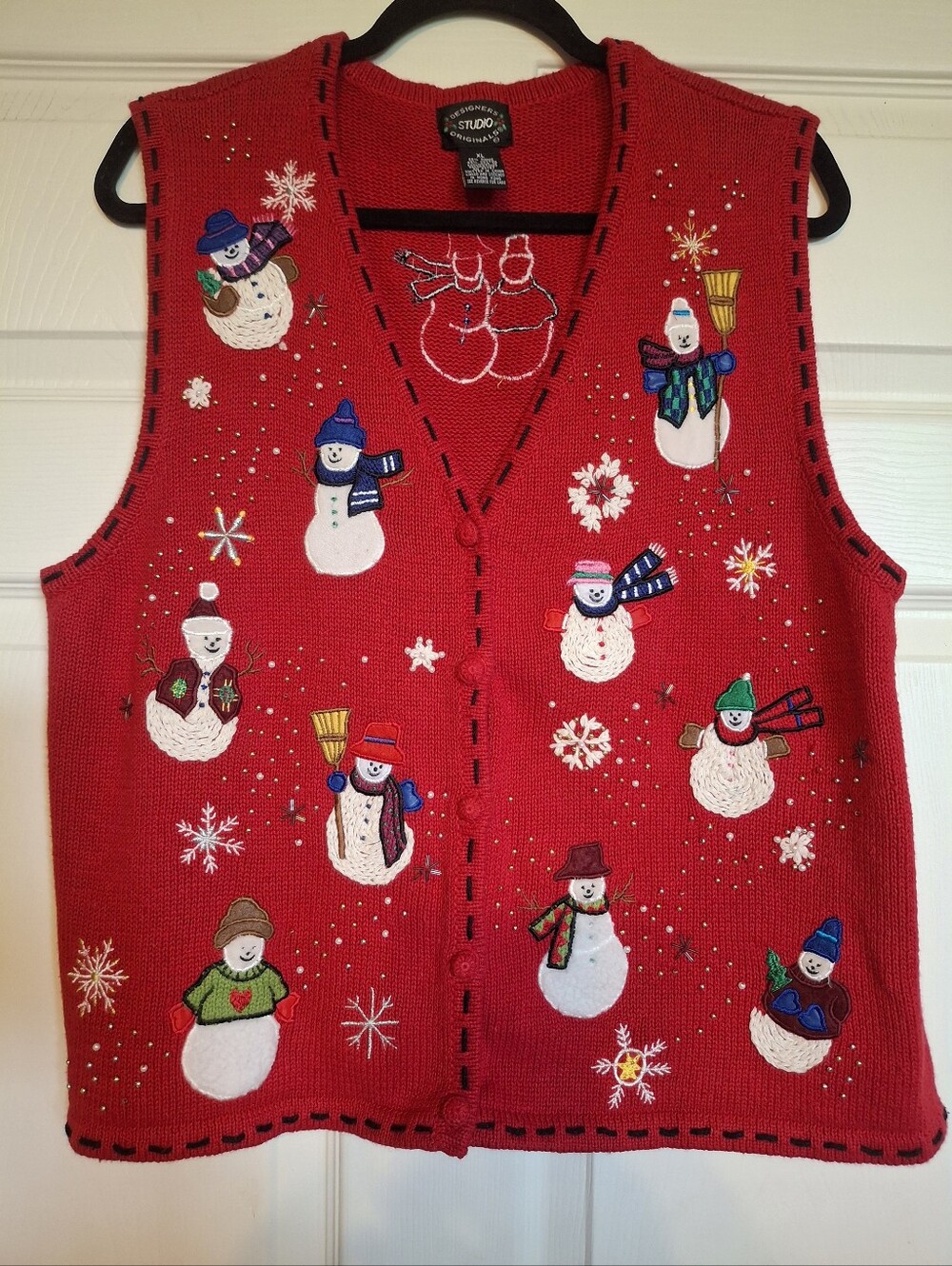 Designers Originals Red Knit Holiday Sweater Vest with Snowman Embroidery